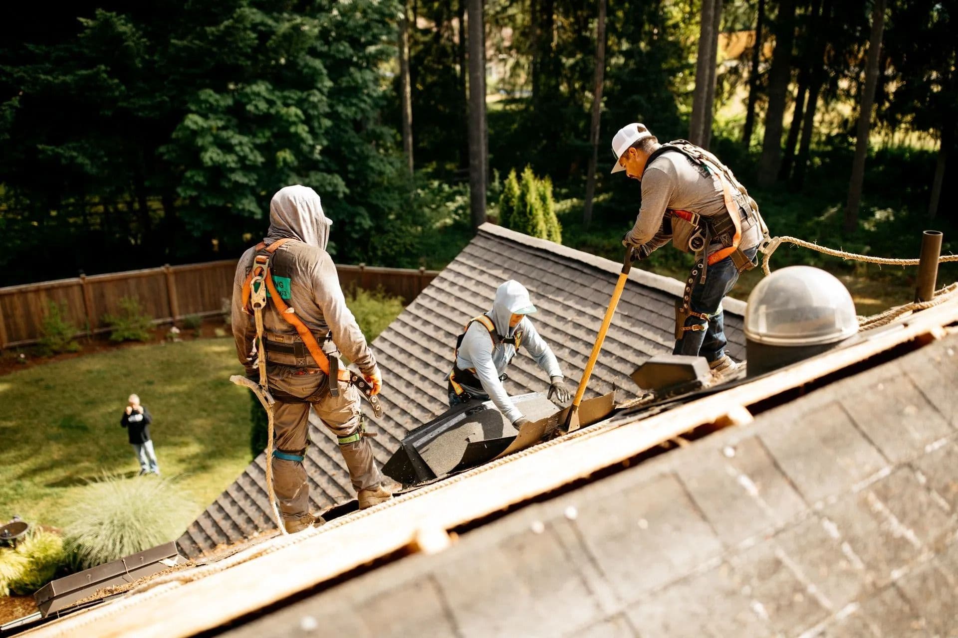 Three construction workers wearing safety harnesses install roofing shingles on a sloped roof. A lush garden with a wooden fence is in the background.